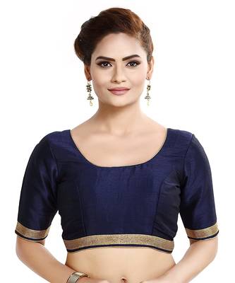 Designer Indian Traditional Nevy Blue Satin Silk Blend Saree Blouse Materials Unstitched   1