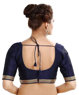 Designer Indian Traditional Nevy Blue Satin Silk Blend Saree Blouse Materials Unstitched   2