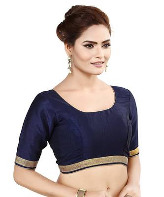 Designer Indian Traditional Nevy Blue Satin Silk Blend Saree Blouse Materials Unstitched   3