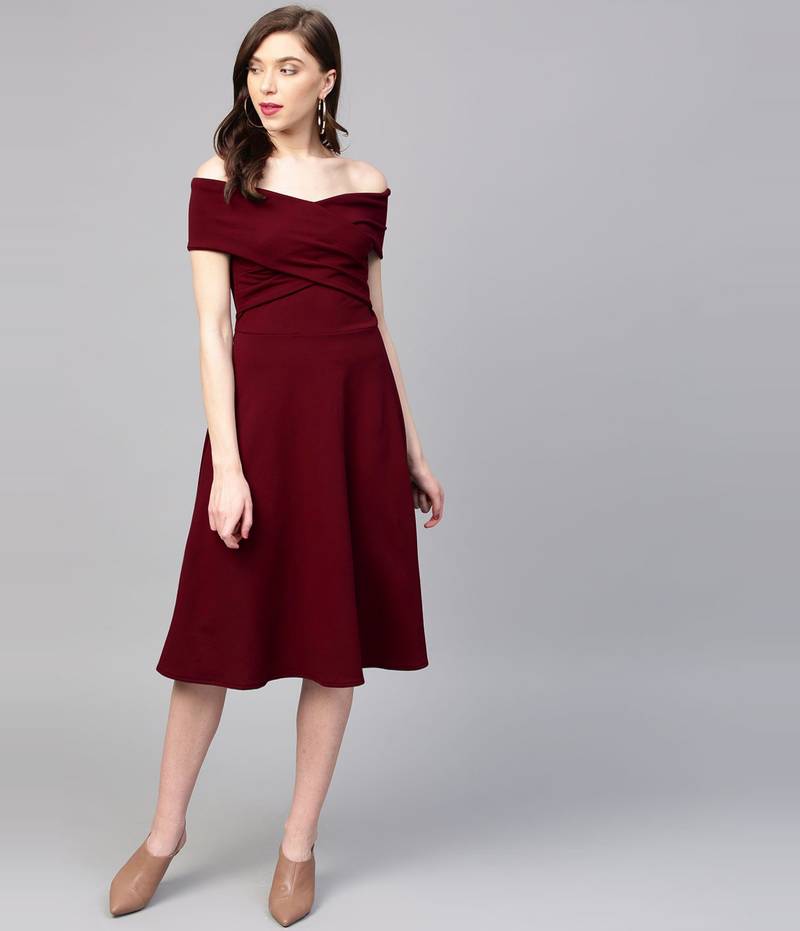 Charming Maroon Off-Shoulder Pleated Fit & Flare Dress - UNAVAILABLE -  3779320