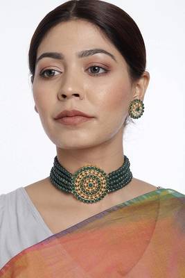 Mad Club Gold Plated Pearl Diamond Kundan Choker Necklace with Round Earrings Traditional Jewellery Set 1