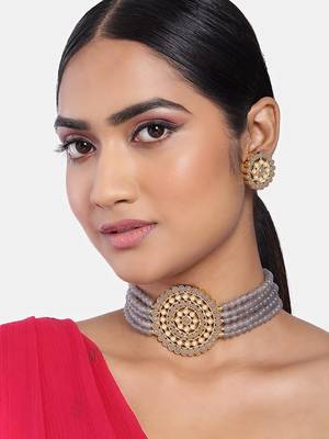 Mad Club Gold Plated Pearl Diamond Kundan Choker Necklace with Round Earrings Traditional Jewellery Set 1