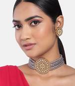 Mad Club Gold Plated Pearl Diamond Kundan Choker Necklace with Round Earrings Traditional Jewellery Set