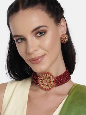 Mad Club Gold Plated Pearl Diamond Kundan Choker Necklace with Round Earrings Traditional Jewellery Set 1