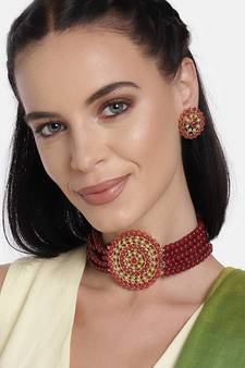 Mad Club Gold Plated Pearl Diamond Kundan Choker Necklace with Round Earrings Traditional Jewellery Set