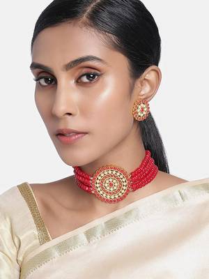 Mad Club Gold Plated Pearl Diamond Kundan Choker Necklace with Round Earrings Traditional Jewellery Set 1