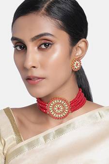 Mad Club Gold Plated Pearl Diamond Kundan Choker Necklace with Round Earrings Traditional Jewellery Set