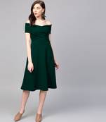 Dark Green Off-Shoulder Pleated Fit & Flare Dress
