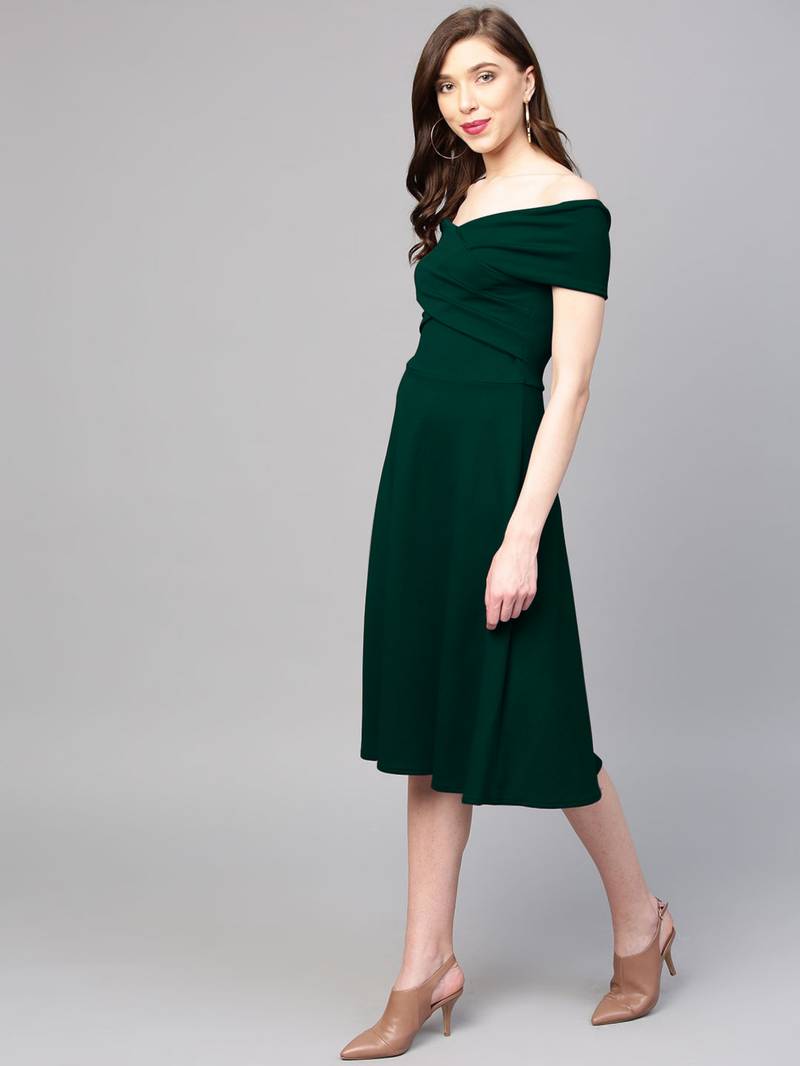 Dark Green Off-Shoulder Pleated Fit & Flare Dress