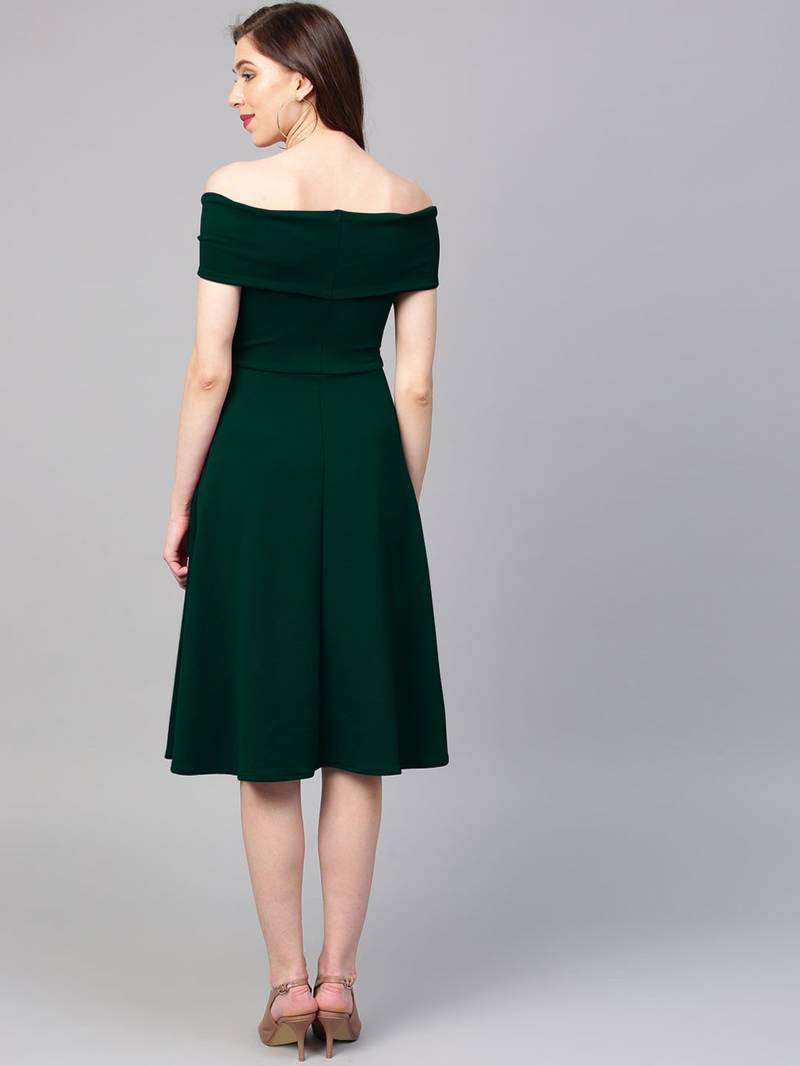 Dark Green Off-Shoulder Pleated Fit & Flare Dress