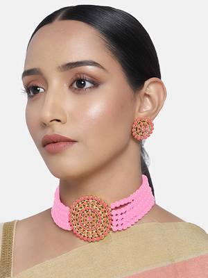 Mad Club Gold Plated Pearl Diamond Kundan Choker Necklace with Round Earrings Traditional Jewellery Set 1