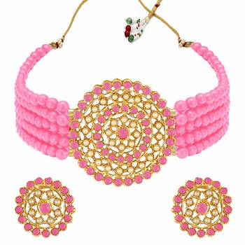 Mad Club Gold Plated Pearl Diamond Kundan Choker Necklace with Round Earrings Traditional Jewellery Set 2