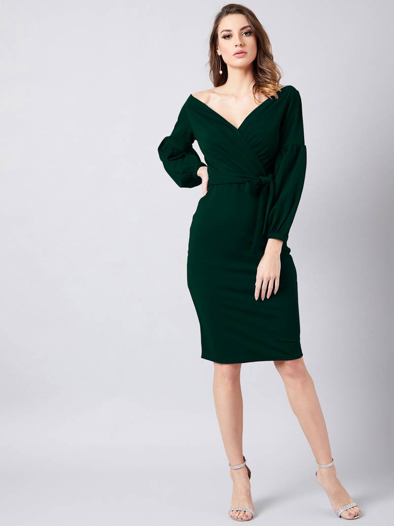 Dramatic Entrance Dark Green Lantern Sleeve Wrap Dress 