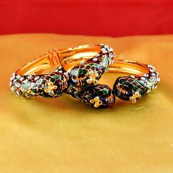 Gold Moti Stone Cz Polki Kundun Meenakari Pearl Bangle Kara With Stretchable 1