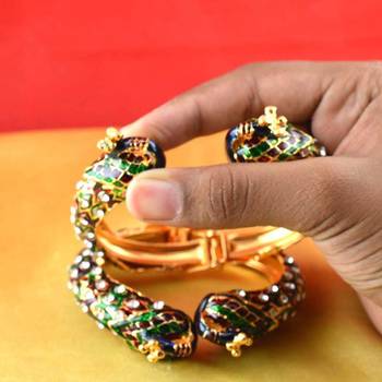 Gold Moti Stone Cz Polki Kundun Meenakari Pearl Bangle Kara With Stretchable 2
