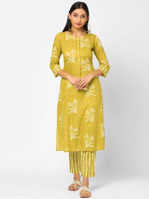 Yellow printed cotton ethnic-kurtis 1
