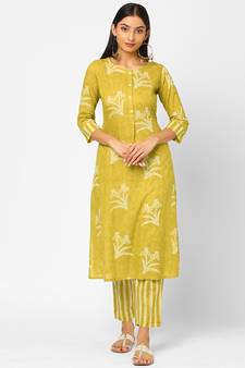 Yellow printed cotton ethnic-kurtis