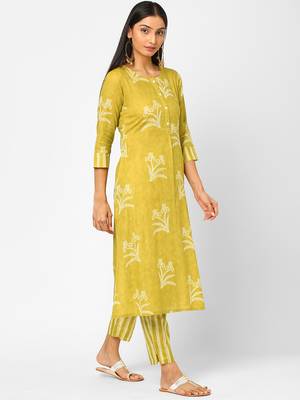 Yellow printed cotton ethnic-kurtis 3