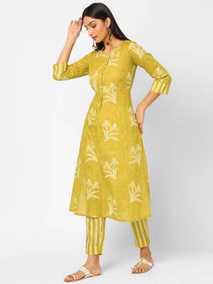 Yellow printed cotton ethnic-kurtis 4
