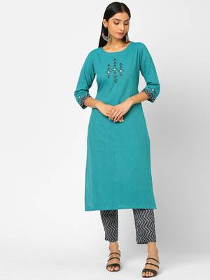 Turquoise embroidered cotton ethnic-kurtis 1