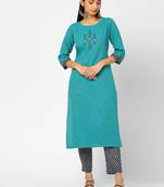Turquoise embroidered cotton ethnic-kurtis