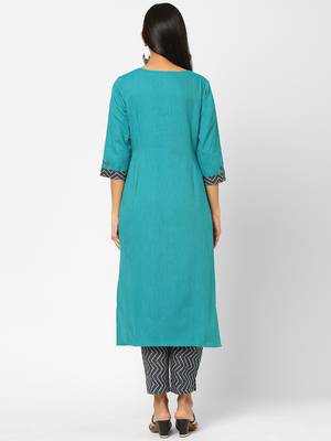 Turquoise embroidered cotton ethnic-kurtis 2