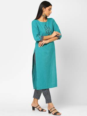 Turquoise embroidered cotton ethnic-kurtis 3