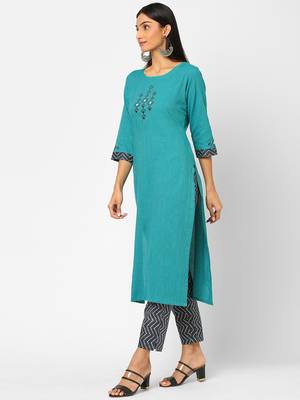 Turquoise embroidered cotton ethnic-kurtis 4