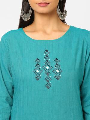 Turquoise embroidered cotton ethnic-kurtis 5