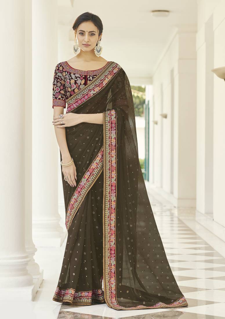 Brown Thread and Zari embroidered organza Wedding and Ceremonial saree