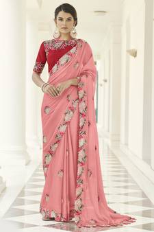 Peach Dori and Thread embroidered georgette Wedding & Party saree