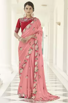 Peach Dori and Thread embroidered georgette Wedding & Party saree