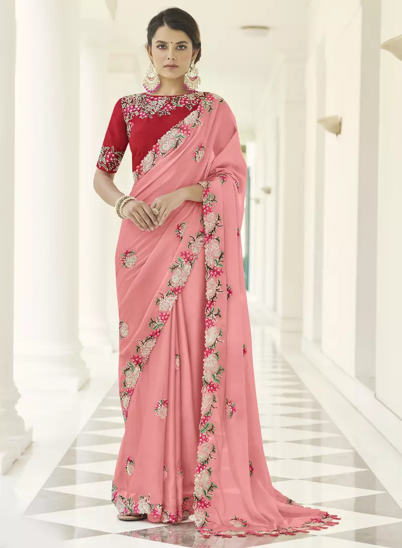Peach Dori and Thread embroidered georgette Wedding & Party saree