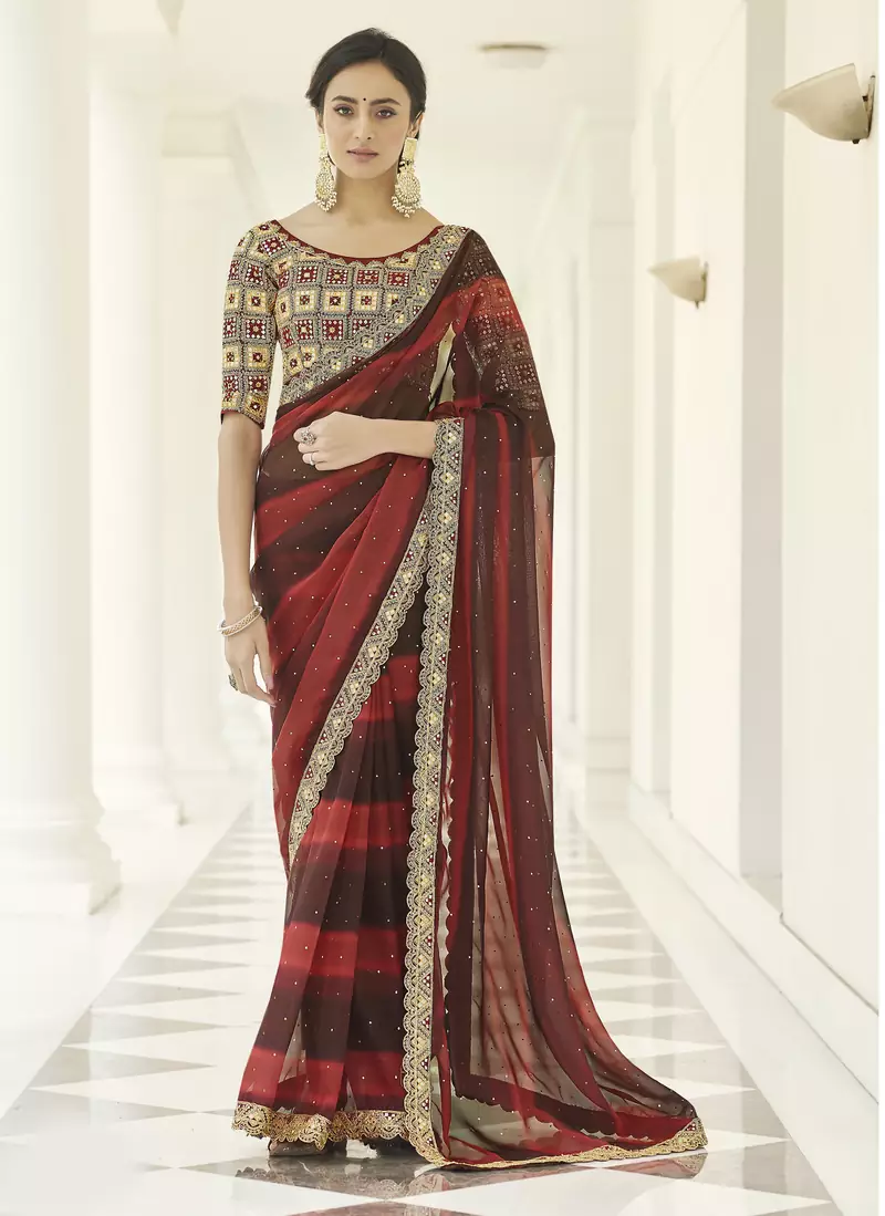Red Thread embroidered with gota Patti organza Wedding & Party saree