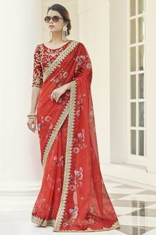 Red Zari embroidered organza Wedding and Party saree