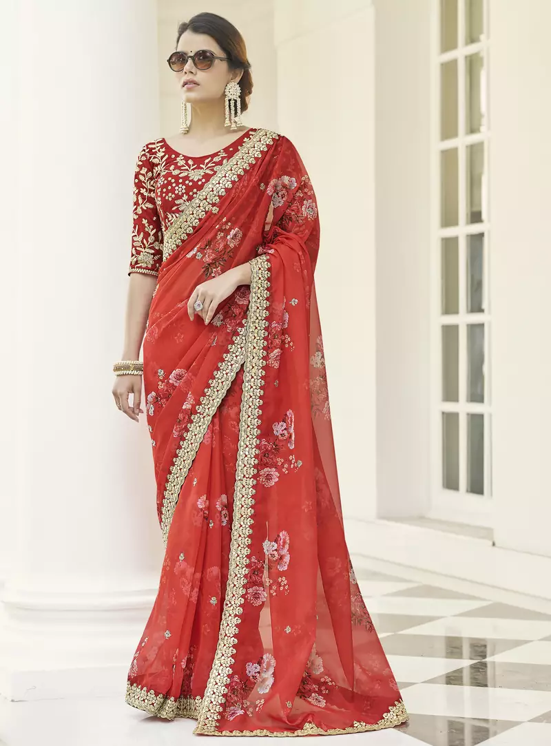 Red Zari embroidered organza Wedding and Party saree