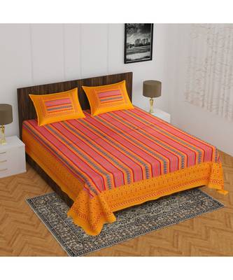 100% Pure Cotton  Skin friendly fabric with vibrant colours Jaipuri Print Double Bedsheet with 2 Pillow Covers 1