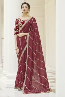 Maroon Dori and Sequins embroidered organza Wedding and Party saree