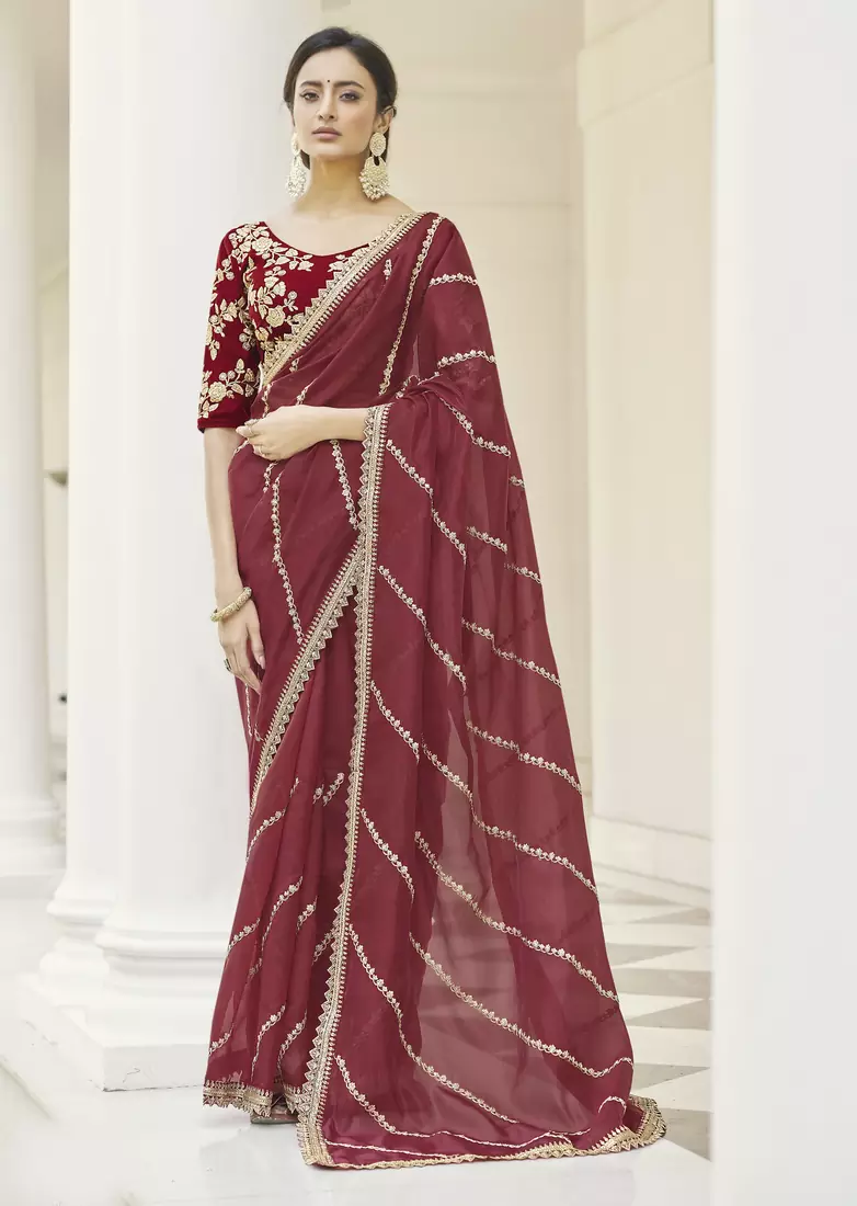 Maroon Dori and Sequins embroidered organza Wedding and Party saree