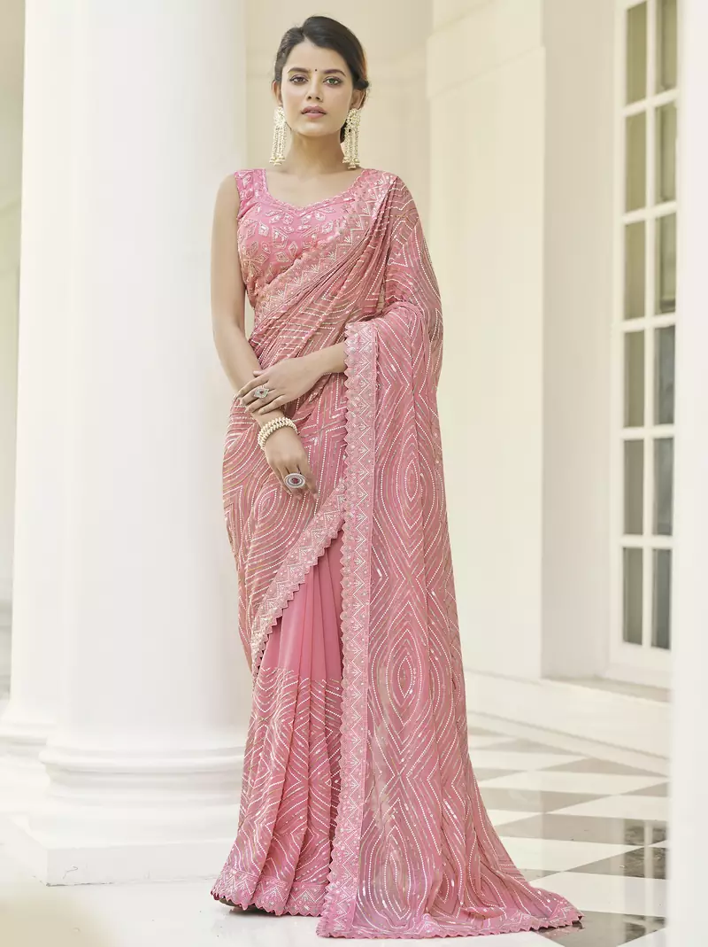 Meghalaya Baby Pink Georgette Zari And Sequin Work Party Wear Saree