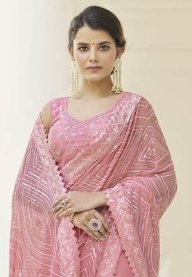 Meghalaya Baby Pink Georgette Zari and Sequins Embroidered Iatest wedding saree 2