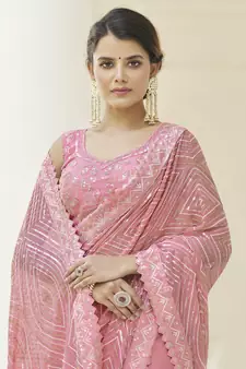 Meghalaya Baby Pink Georgette Zari and Sequins Embroidered Iatest wedding saree