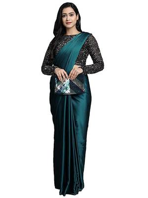 Aqua blue plain faux silk blend saree with blouse 1
