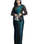 Aqua blue plain faux silk blend saree with blouse
