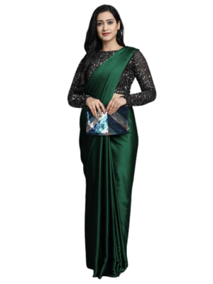 Green plain faux silk blend saree with blouse 1