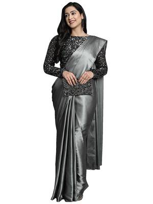 Grey plain faux silk blend saree with blouse 1
