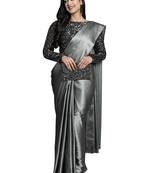 Grey plain faux silk blend saree with blouse