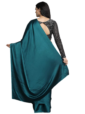 Aqua blue plain faux silk blend saree with blouse 5