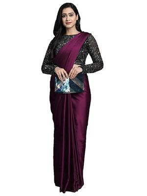 Purple plain faux silk blend saree with blouse 1