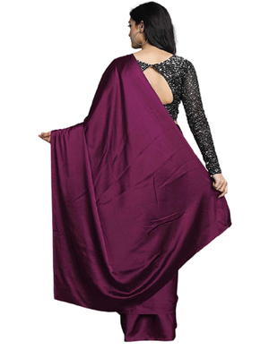 Purple plain faux silk blend saree with blouse 4